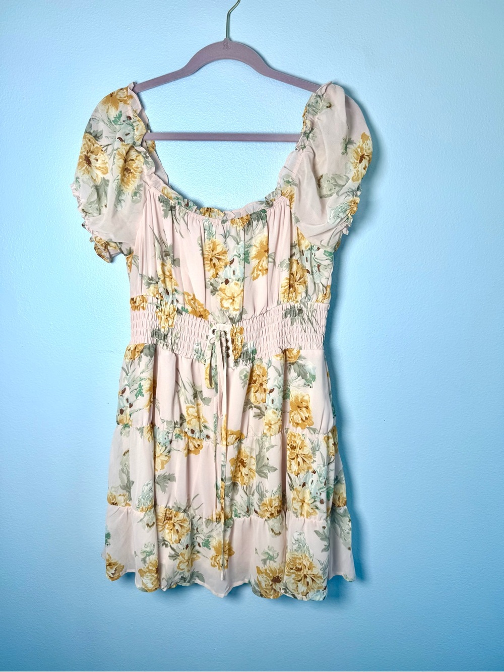 Floral Puff-Sleeve Smocked Waist Mini Dress - pink and Yellow